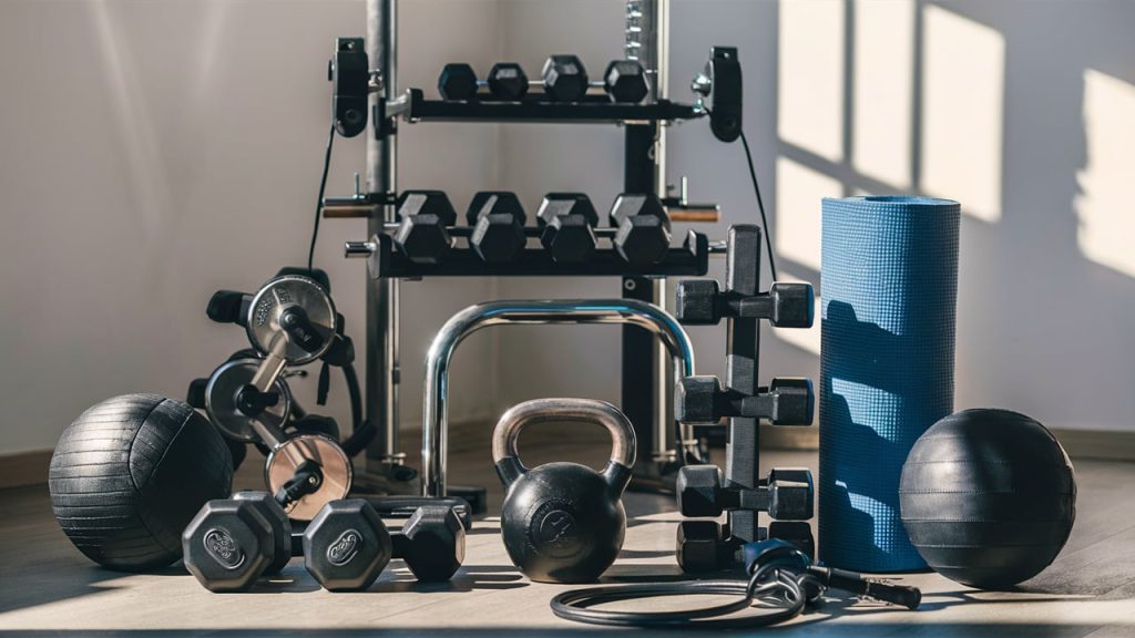 A well-lit photo showcasing a variety of home workout equipment, including a multi-gym station, adjustable dumbbells, a kettlebell, ayoga mat, a medicine ball, and a jump rope. The equipment is arranged in an organized and visually appealing manner, with each item easily accessible. The background is minimalist, allowing the focus to remain on the workout equipment.