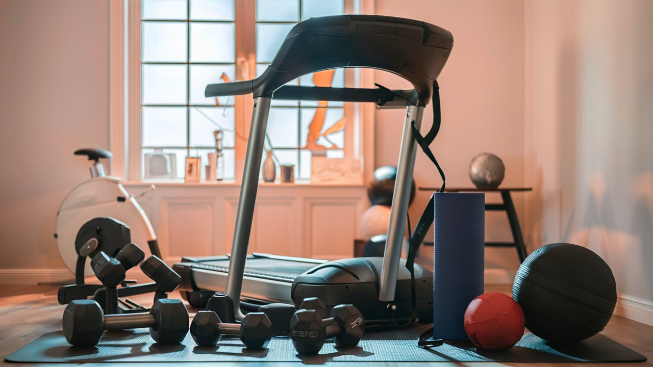 A well-lit room showcasing an array of the best home workout equipment. The focal point is a sleek, modern treadmill, accompanied by a set of adjustable dumbbells, a yoga mat, a resistance band, and a medicine ball. In the background, a window displays a bright, sunny day. The atmosphere is motivational and inspiring, promoting a healthy and active lifestyle.