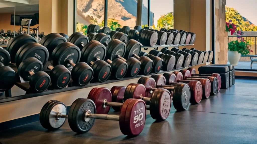 A variety of dumbbells neatly arranged on a gym floor, ranging from 2 to 50 pounds in weight. The setting is clean and well-lit, with a mirror on one side reflecting the dumbbells and a large window showing a scenic outdoor view. The atmosphere conveys motivation and a strong sense of fitness.