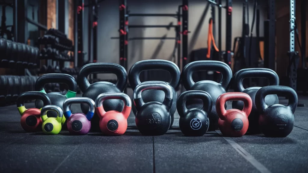 A variety of colorful kettlebells arranged on a gym floor, showcasing different sizes and weights. In the background, workout equipment like barbells, dumbbells, and pull-up bars adds to the atmosphere of strength and fitness.