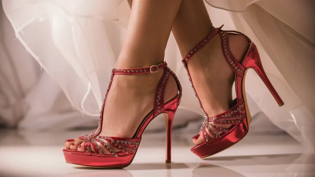 A Close up on Women feet wearing Red heel